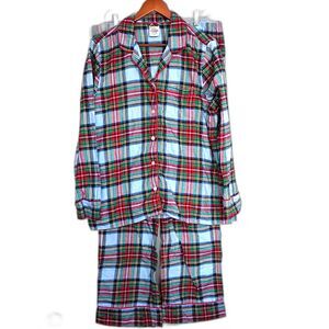 Lands End Flannel Pajamas Blue Red Green Plaid 2 Piece Set Women's L 14-16